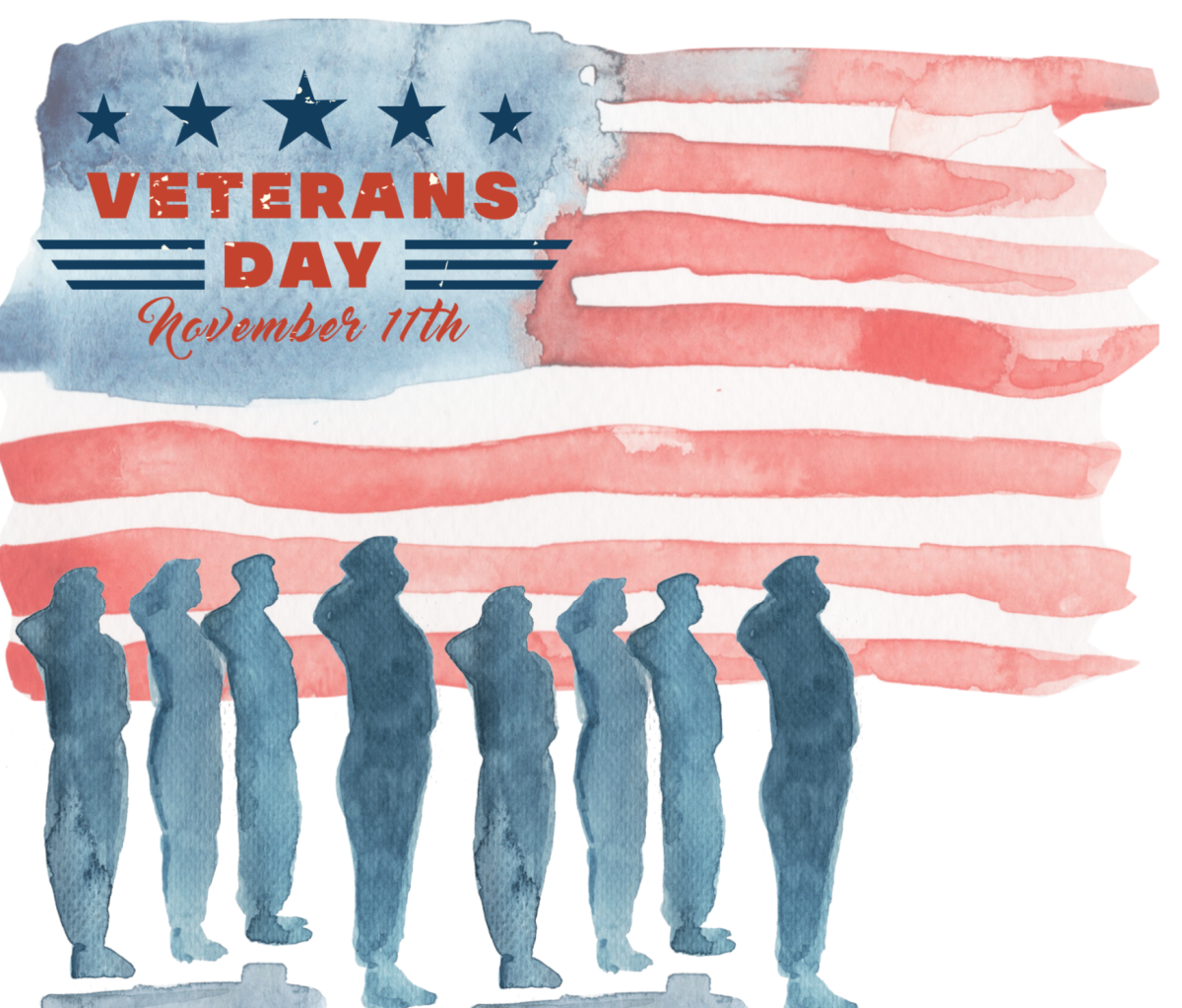 Soldiers saluting the American flag in watercolor. 
Designed by Ramala Dahir 