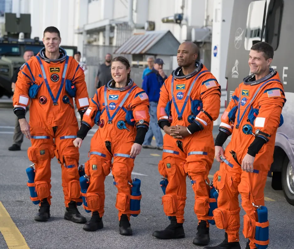 The crew getting ready to board the rocket. The crew includes Reid Wiseman, Victor Glover, Christina Koch, and Jeremy Hansen. (Image credit: Space News)
