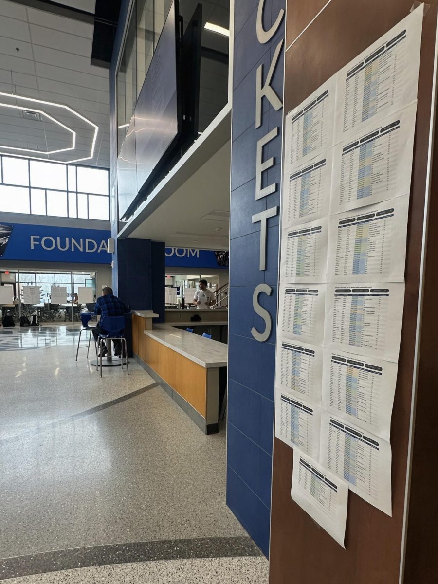 A list of students' names of where they need to go to be able to take the MCAs hung up on the wall near the Foundation Room. 