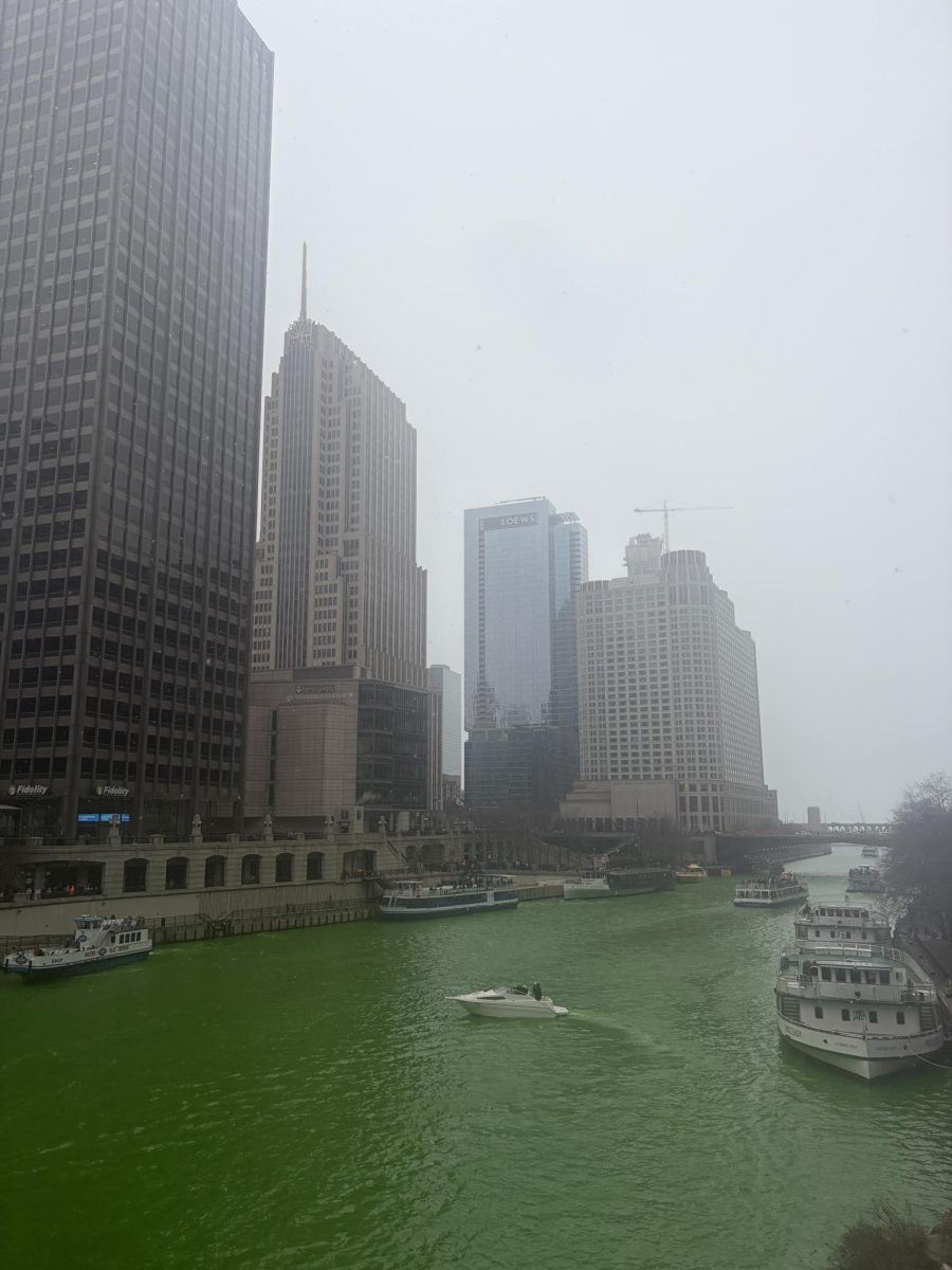 The Chicago river colored green for the city's St. Patrick's Day celebration. 