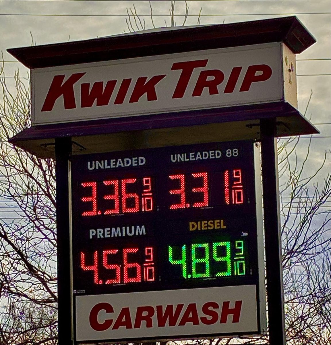 Gas prices are all above $3.00 at Kwik Trip in Owatonna, a stark contrast to the lower prices of previous months. 
