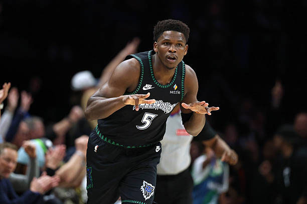 Anthony Edwards celebrates hitting a 3-pointer against the Denver Nuggets in game 4 of the playoffs.