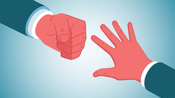 Guessing casual game of conflict or confrontation. Isometric view rock-paper-scissors gesture game